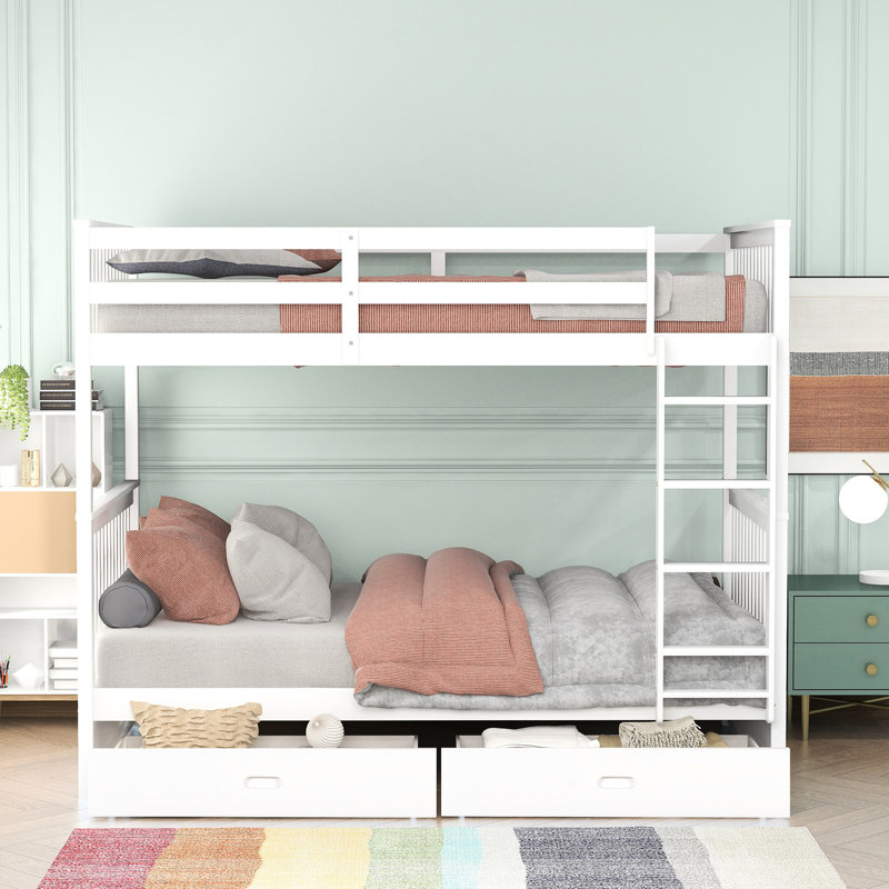 Lit superposé Twintwin avec échelles, blanc, 2 rangements - Solution de chambre polyvalente avec tiroirs et échelles blancs pour plus de capacité