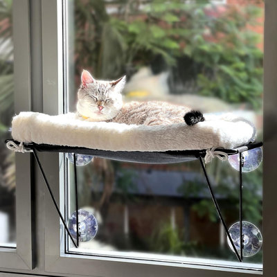 Cat Window Perch, Cat Window Hammock - For Large Cats & Kittens, For Sunbathing, Napping & Overlooking - 100% Metal Frame Support From Below, With Plush Pet Bed And Strong Suction Cups