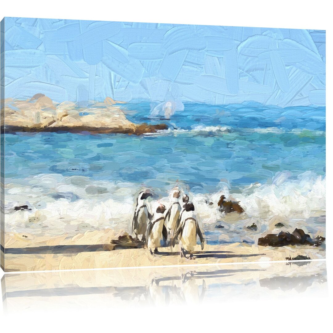 Leinwandbild Pinguine am Strand in Blau