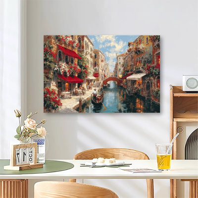 Bustling Venice Canal Street Gondola And Floral Townscape Painting, Large Gallery Wrapped Canvas Wall Art Print For Living Room Bedroom
