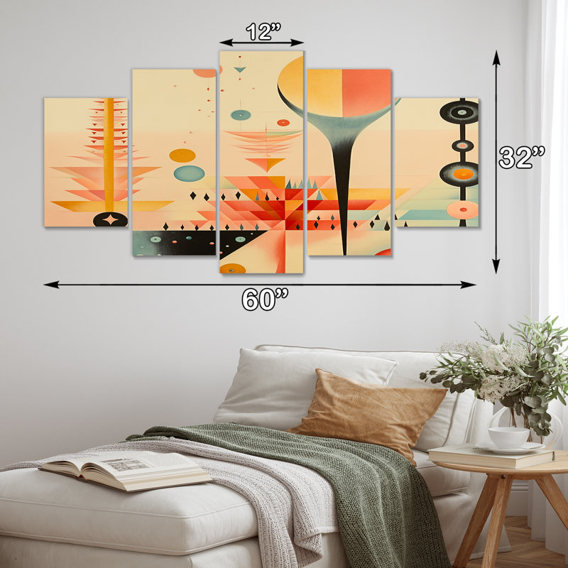 Rétro équilibre japonais rétro - toile d'art géométrique murale 5 pièces, H 32 po x l 60 po