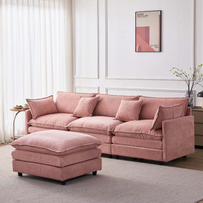 Three-Seat Soft Chenille Free Combine L-Shaped Modular Sectional Sofa with Detachable Ottoman for Living Room
