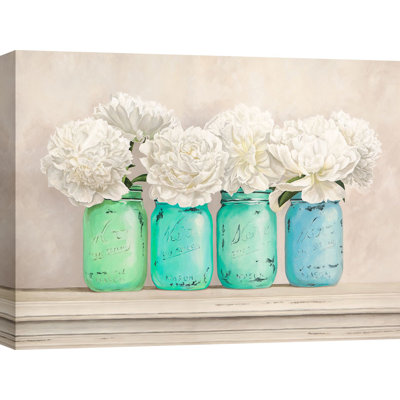 Peonies In Mason Jars by Jenny Thomlinson - Wrapped Canvas Painting