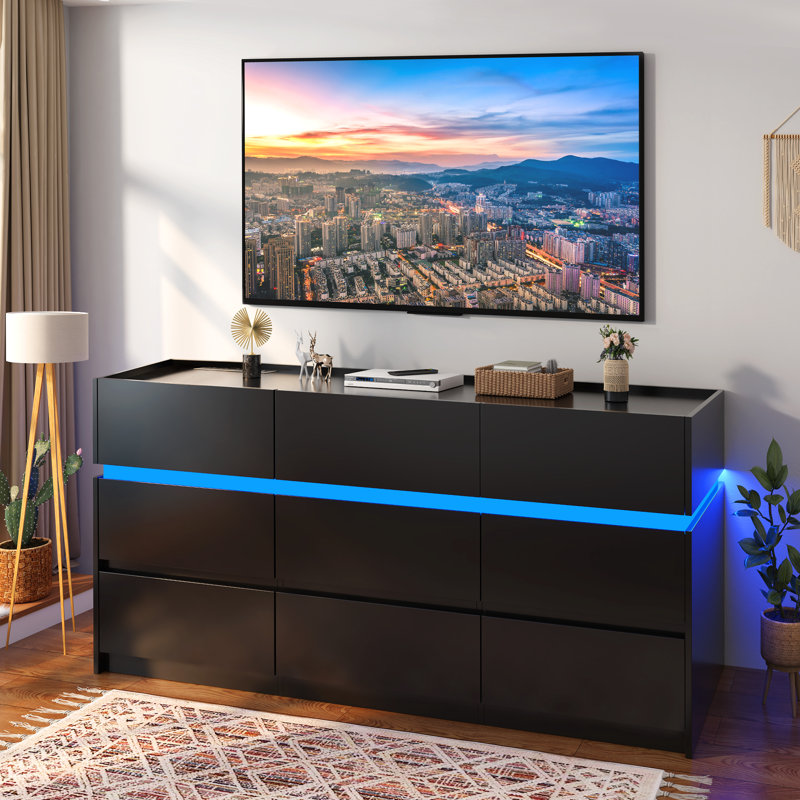 9 Drawer Dresser With Charging Station & LED Light, 61.5" W, Black