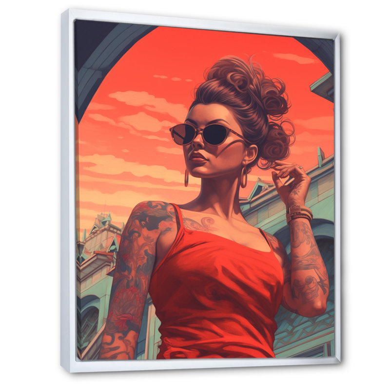 Summer Babe en rouge avec lunettes de soleil - reproduction sur toile, 44" H x 34" W, Cadre flottant blanc
