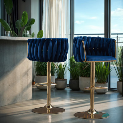 Set of 2 Velvet Upholstery Bar Stools – Chrome Footrest, Swivel, Height Adjustable Design for Kitchen or Bar by Everly Quinn