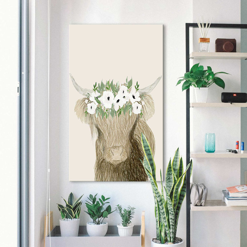 «Floral Crown Cow» par Lucille Price - Peinture, H 48 po x l 28 po x P 1,5 po, Toile tendue