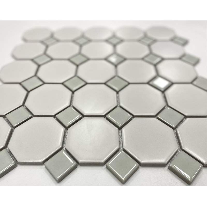 Carreau de mosaïque en porcelaine Cascade Octagon, Blanc / gris