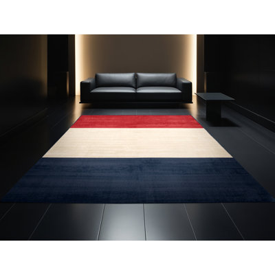 Tapis beige moderne et contemporain lavable à la machine Ahart du 4 juillet - reliure marine
