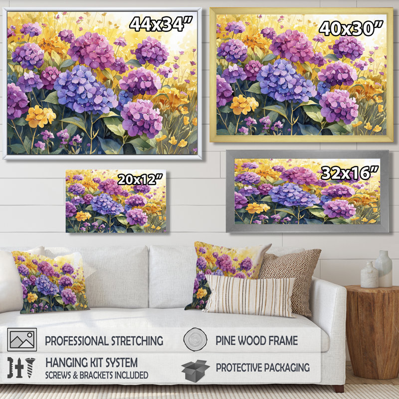 Hortensia d'été jadari en fleurs dans la prairie II - hydrangées, art mural, Brun, Impression encadrée flottante