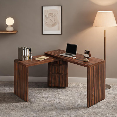 Bureau de direction en L 90 pouces, brun, ton modulaire rotatif, 3 tiroirs