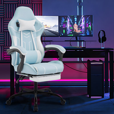 Fauteuil de jeu ergonomique avec repose-pieds et soutien lombaire, bleu et blanc, pour une assise confortable et réglable