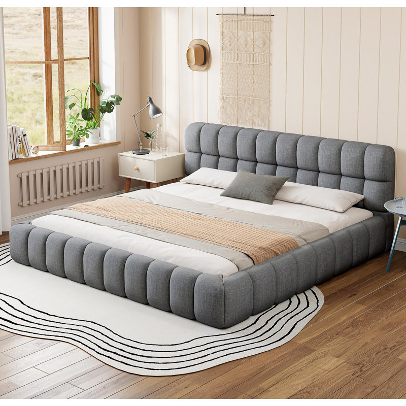 Lit plateforme tapissier très grand avec tissu épais, lit au sol avec structure solide, gris, Gris