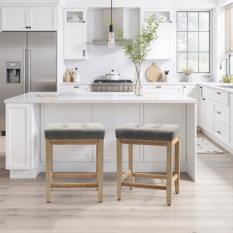 24" Hand-Brushed Wood Backless Counter Height Bar Stools Mid-Century Farmhouse Short Stools, Gray