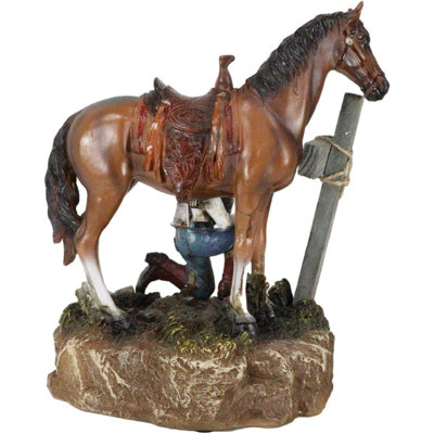 Figurine priant Sherle Cowboy à cheval à genoux au pied de la croix