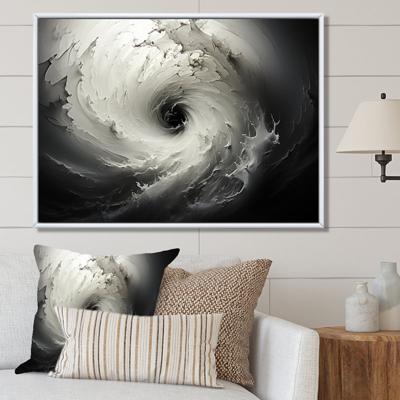 Tempête tourbillonnante grise abstraite III sur toile, H 16 po x l 32 po x P 1 po, Cadre flottant blanc