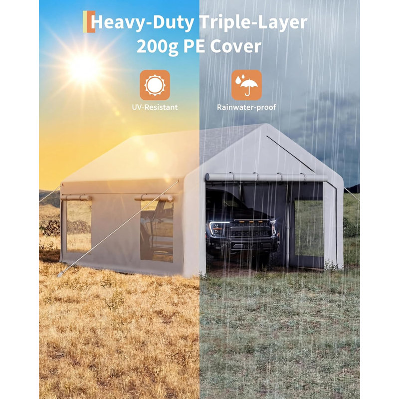 10x20 FT Portable Garage with 200g PE Tarp - Heavy Duty Carport with 2 Roll-Up Doors & 4 Windows - Temporary Shelter for Trucks, Boats, Paint Booth - Galvanized Steel Frame with Reinforced Guylines