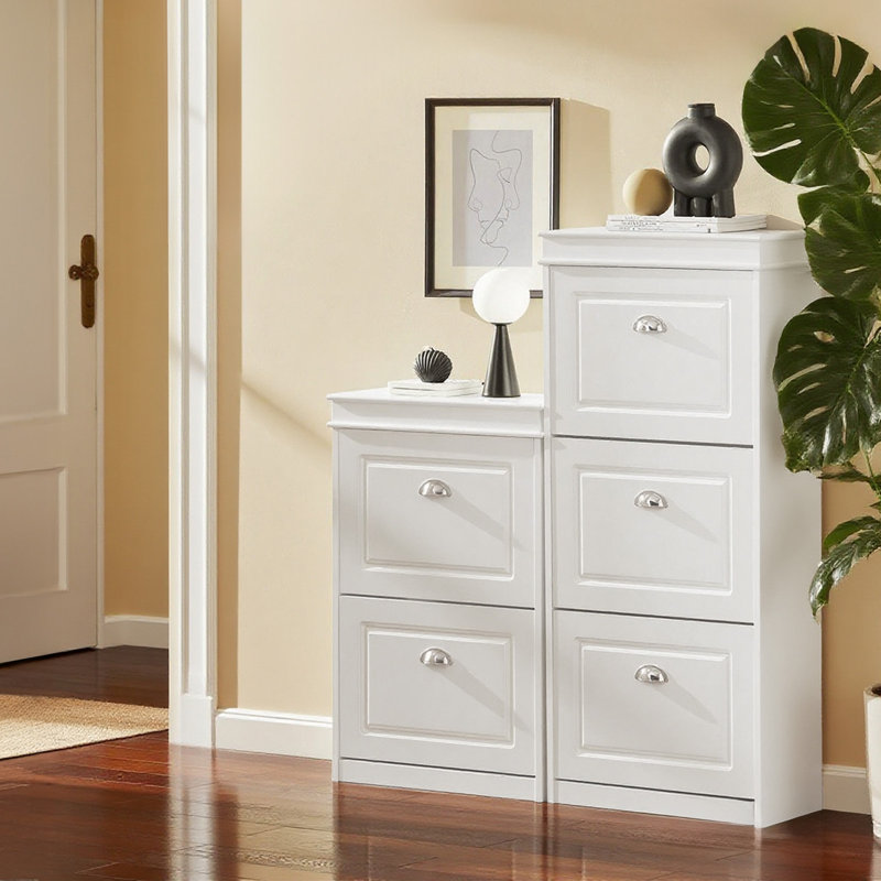 Moriah 12 Pair Shoe Storage Cabinet, White/Silver