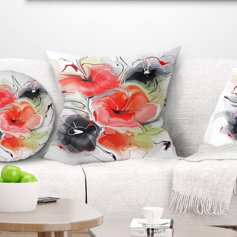 Motif floral abstrait rouge et noir - imprimé floral, 16 po x 1 po, Coussin décoratif