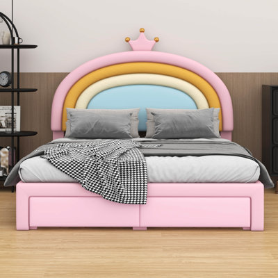 Upholstered Rainbow Kids Bed – Velvet Princess Platform Frame With Storage Drawer (Colorful & Pink, No Box-Spring Needed) | Fits Teens, Girls & Boys