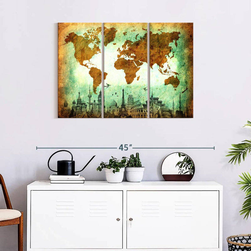 «World Map», ensemble de 3 impressions sur toile par Tess P, H 24 po x l 38 po x P 1,25 po