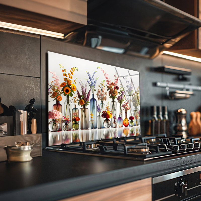 Colorful Bloomscape Tempered Glass Backsplash Tile - Kitchen Wall Decor, 18" H x 30" W x 0.5" D