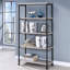 Bibliothèque à 4 tablettes avec finition en bois flotté gris et structure en métal noir, dossier ouvert, espace de rangement pour les livres, surface de rangement