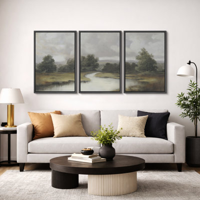 Lake River Landscape "Pastoral Nature Inspired Artwork, Rustic Serene Countryside Wall Pictures, Framed Canvas Giclée Print 3 Pieces Wall Art" 16"x24"x3 pcs, 24"x36"x3 pcs
