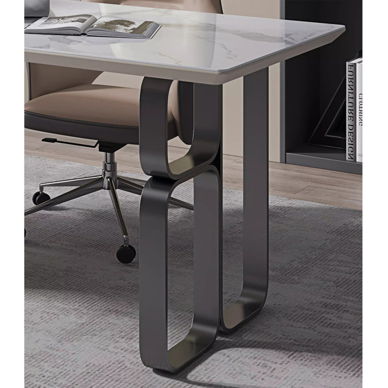 Bureau de table italien minimaliste en pierre frittée avec trois tiroirs et base en acier inoxydable