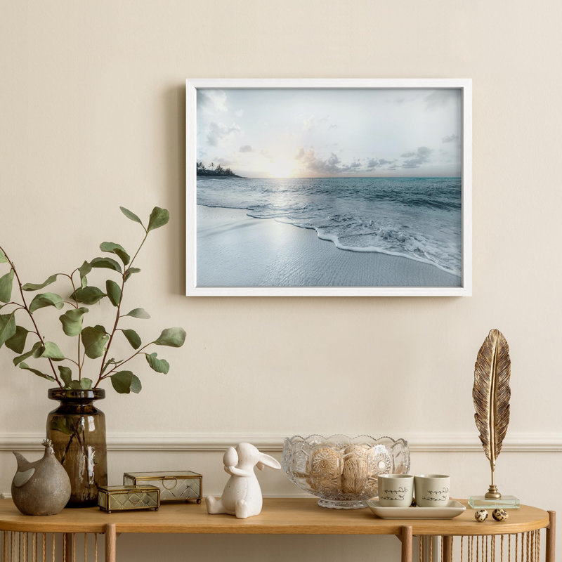 Petit coucher de soleil sur la plage, océan, Illustration moderne, petit décor, œuvre d'art moderne, H 11 po x l 14 po, Blanc