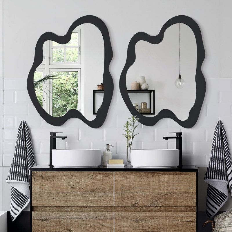 Miroir mural unique de forme irrégulière en bois, 32 po x 24 po, Noir, noir, noir, noir