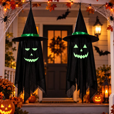 Ensemble de 2 décorations de fantômes suspendus d'Halloween avec chapeaux de sorcière, 39,4 pouces de fantômes noirs brillants avec 2 conceptions de visage effrayant pour la cour extérieure, le porche et le jardin
