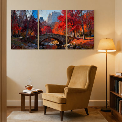 Paysage et paysages urbains, arbres d'automne, pont, réflexion, paysage urbain, couleurs, parc, ensemble de 3 impressions sur toile