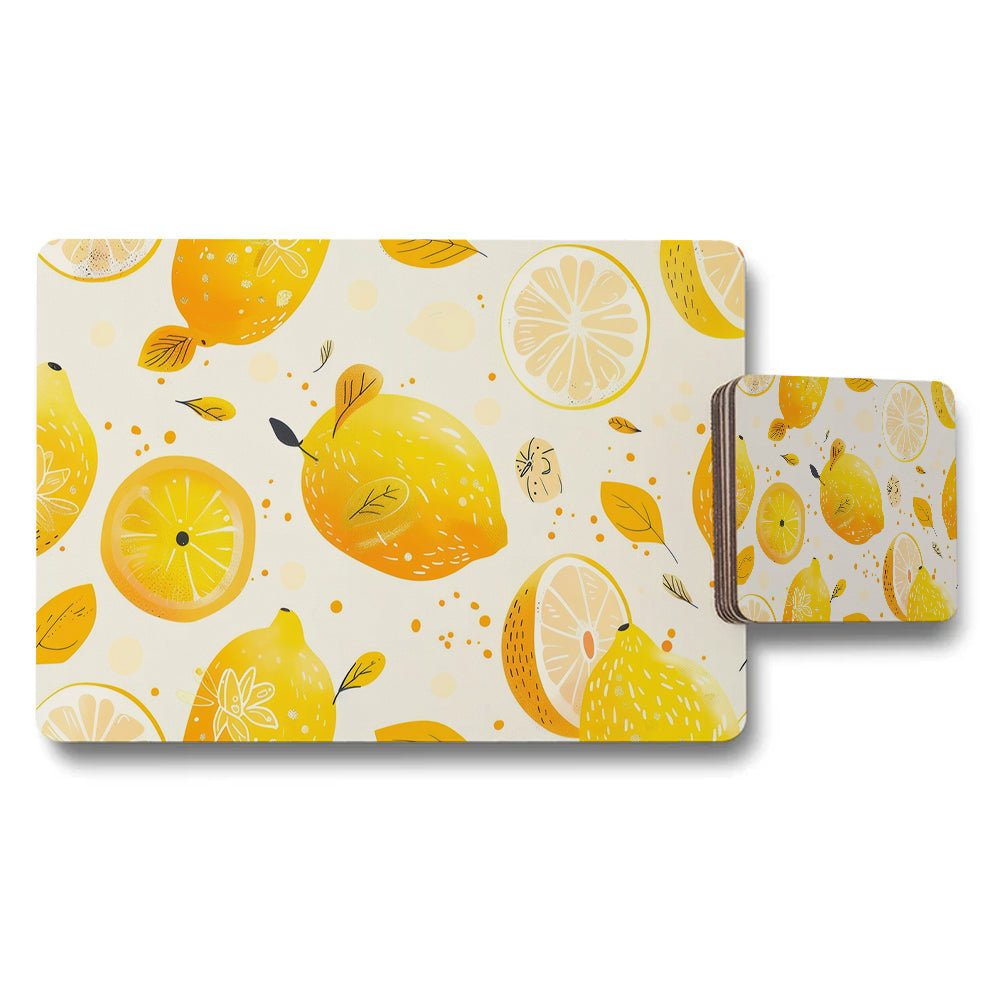 Lemon Pattern Placemat And Coaster Set With Bright Yellow Citrus