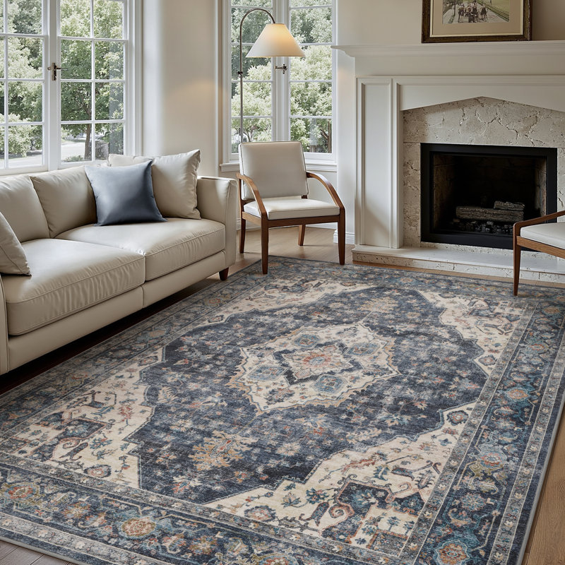 Soft Navy Machine Washable Oriental Area Rug For Living Room, Bedroom, Rectangle 6' x 9', Navy