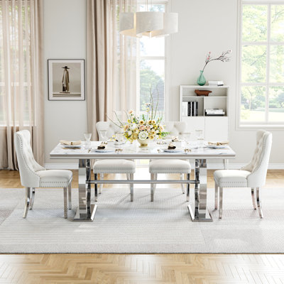 69" Faux Marble Dining Set For 4, Stainless Steel H-Frame Table & Velvet Tufted Seating With Ring Pulls