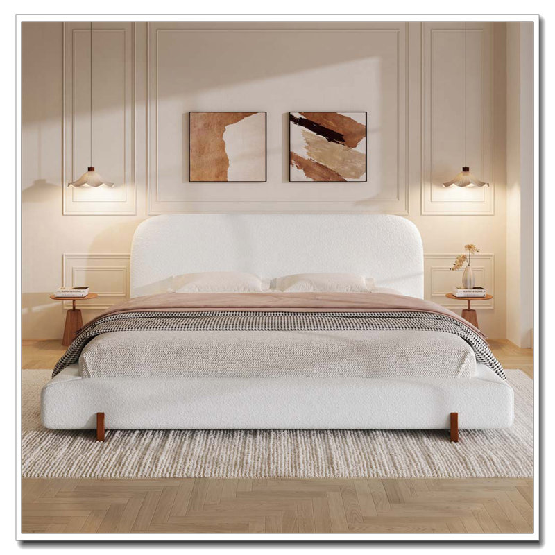 Solid Wood Legs Upholstered Bed Frame, California King, White Chenille