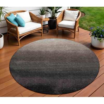 8' Black And Silver Round Ombre Washable Indoor Outdoor Area Rug