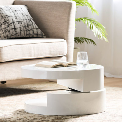 Petite table basse rotative contemporaine avec compartiment de rangement caché, finition blanche lustrée, 23,62 po x 23,62 po x 12,99 po, espace rotatif moderne