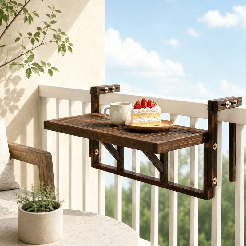 Table suspendue de balcon en bois de sapin de 112 cm, bureau pliable pour rampe de patio, Carbonisé