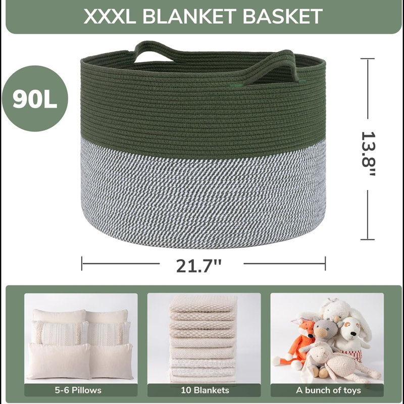 Extra Large Woven Baskets For Storage, 21.7'' X 13.8'' Wicker Basket With Handle For Blankets, Big Laundry Baskets For Clothes, Pillows, Towel, Shoe Basket For Entryway, 90L Jute