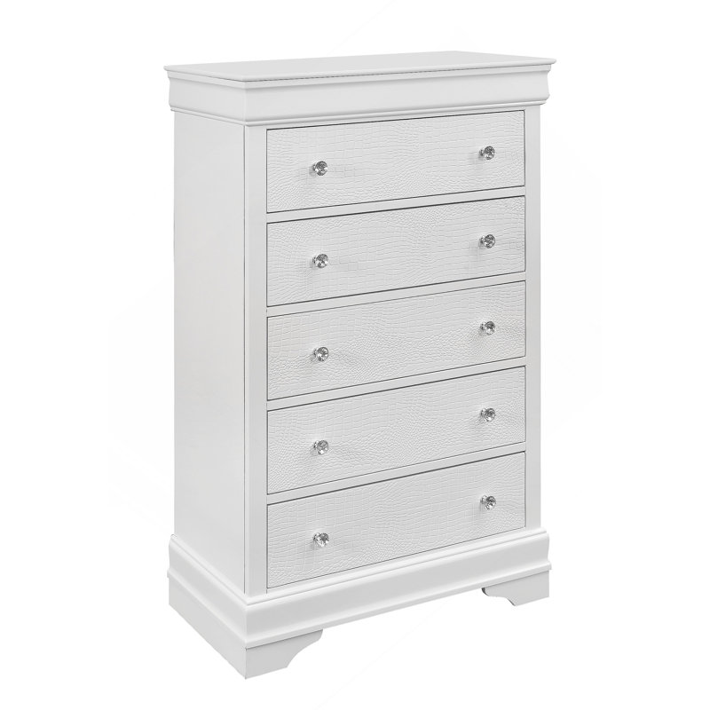 Commode verticale en bois manufacturé avec 5 tiroirs, Blanc