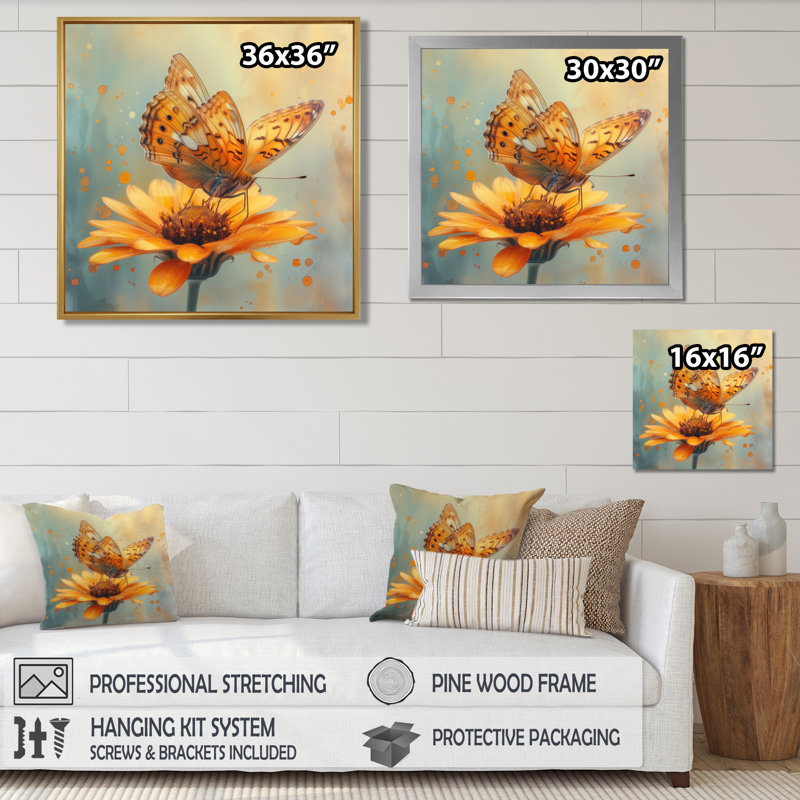 Papillon jaune rétro sur marguerite - impression d'art mural papillon, Cadre flottant blanc, H 36 po x l 36 po x P 1,5 po