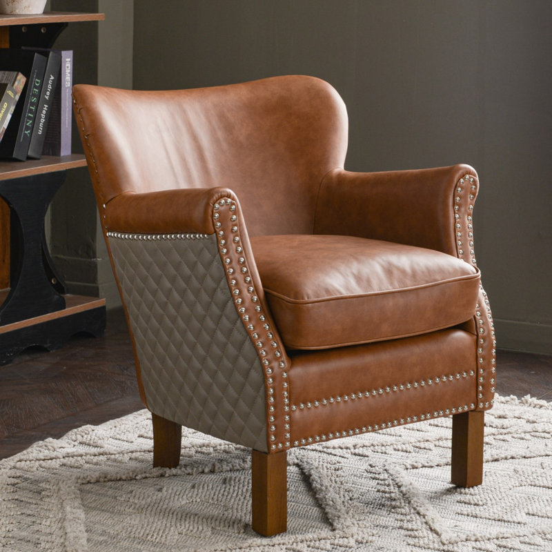 26'' W Small Top-Grain Genuine Leather Upholstered Armchair, Brown