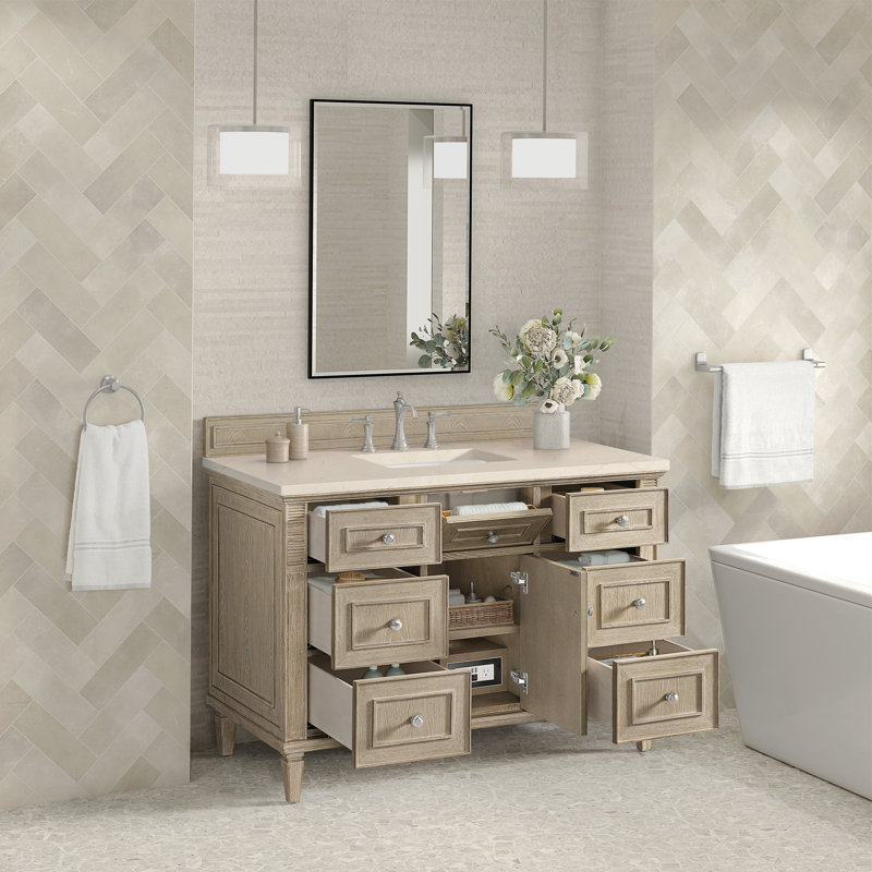 Lorelai 48'' W Single Vanity, White Zeus Quartz, Whitewashed Oak, 8" Widespread