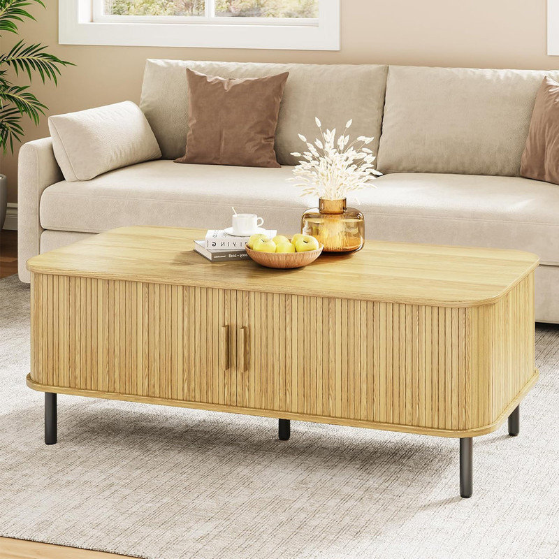 Oak Rectangular Wood Coffee Table with Sliding Tambour Door and Storage