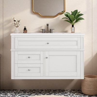 36" Wall Mounted Floating Single Bathroom Vanity with Ceramic Top
