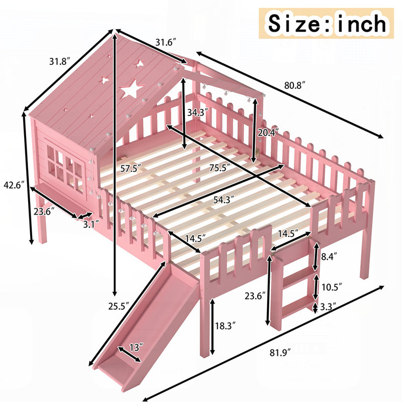 House Loft Bed with Slide, Playhouse Design with Star Moon-shaped Cutouts and LED Lights, No Box Spring Needed, Full, Pink