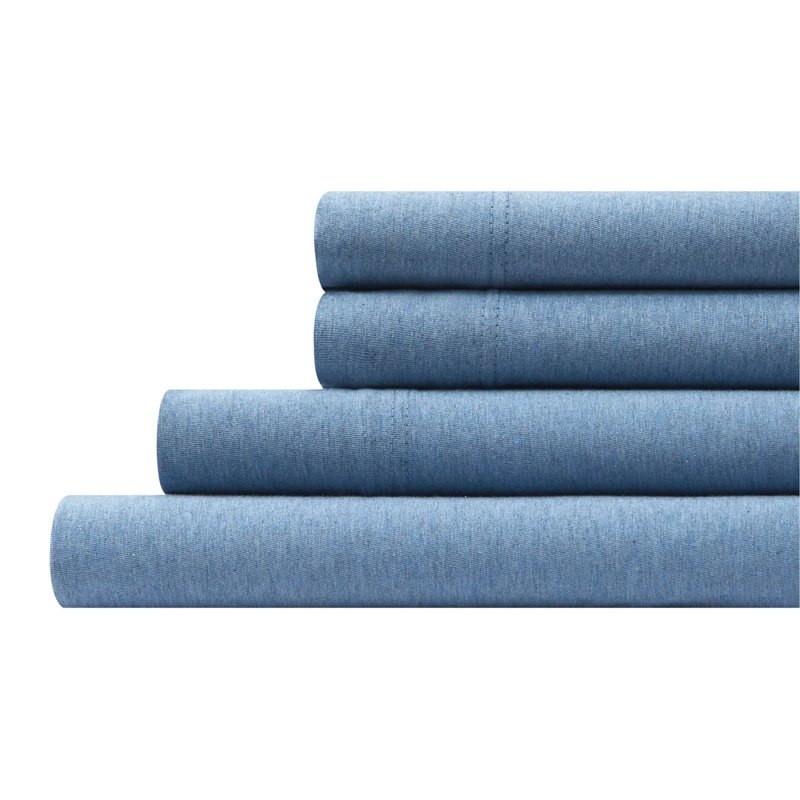 Aeropostale Cotton-Rich Heathered Jersey 4 Piece Sheet Set – Soft T-Shirt Feel, Heathered Blue, Full, Blue