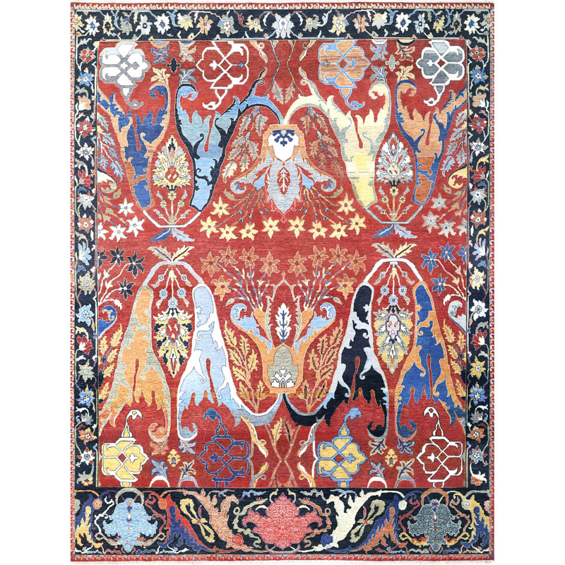 Hand Knotted Wool Area Rug in Red And Charcoal, Rectangle 5' x 8'